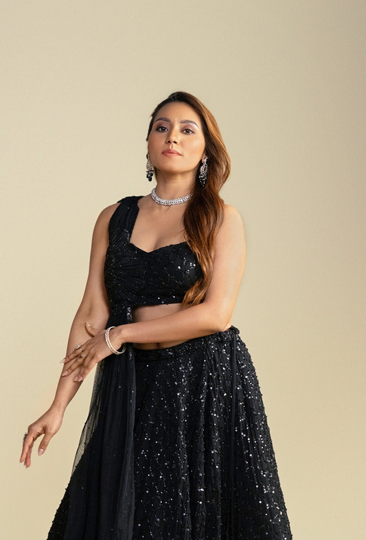 Diam Black Glam Sequined Lehenga Set with Attached Dupatta