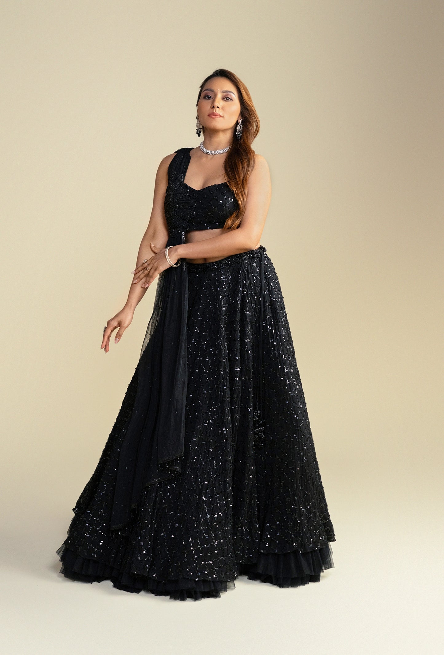 Diam Black Glam Sequined Lehenga Set with Attached Dupatta