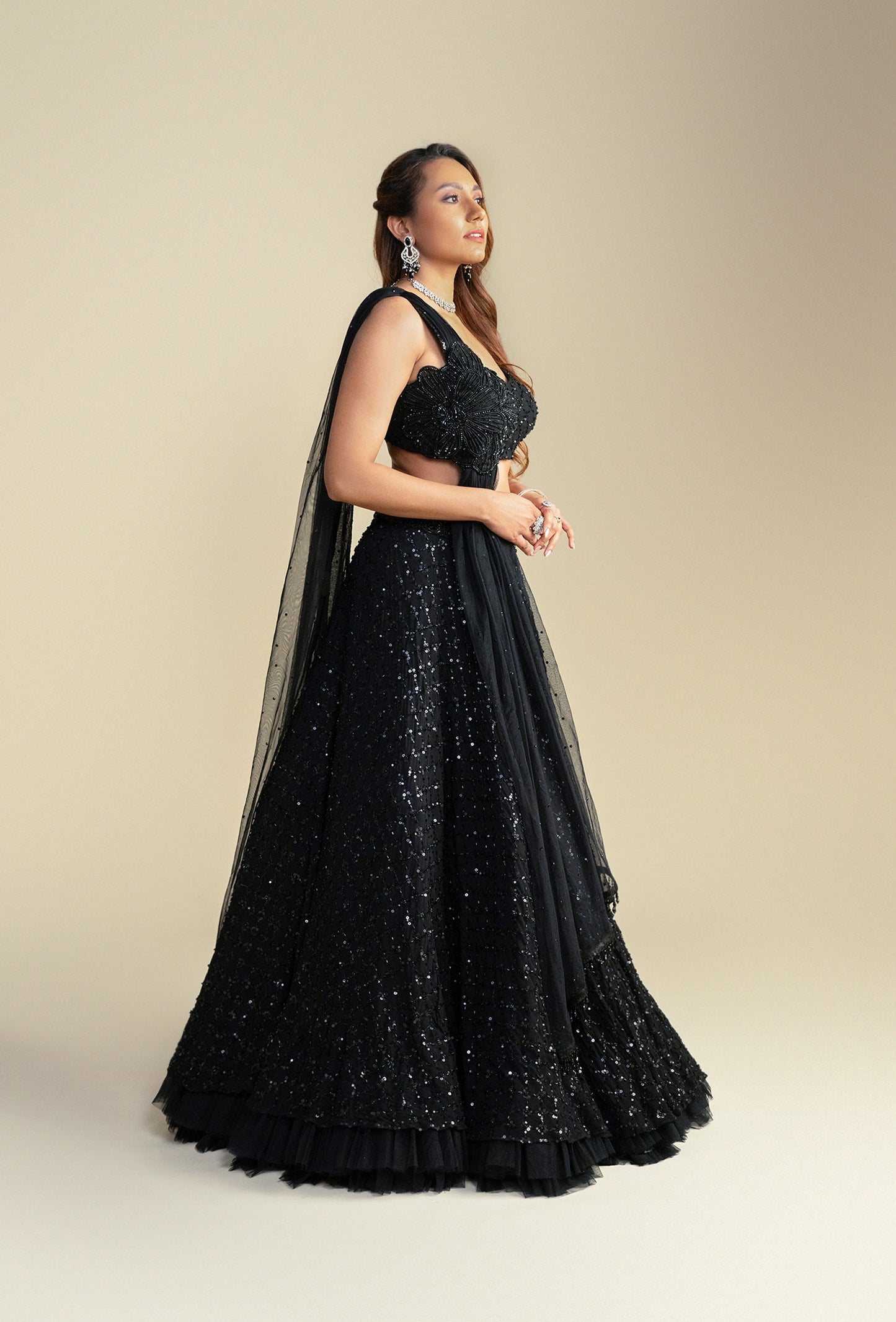 Diam Black Glam Sequined Lehenga Set with Attached Dupatta