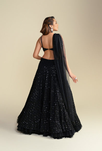 Diam Black Glam Sequined Lehenga Set with Attached Dupatta