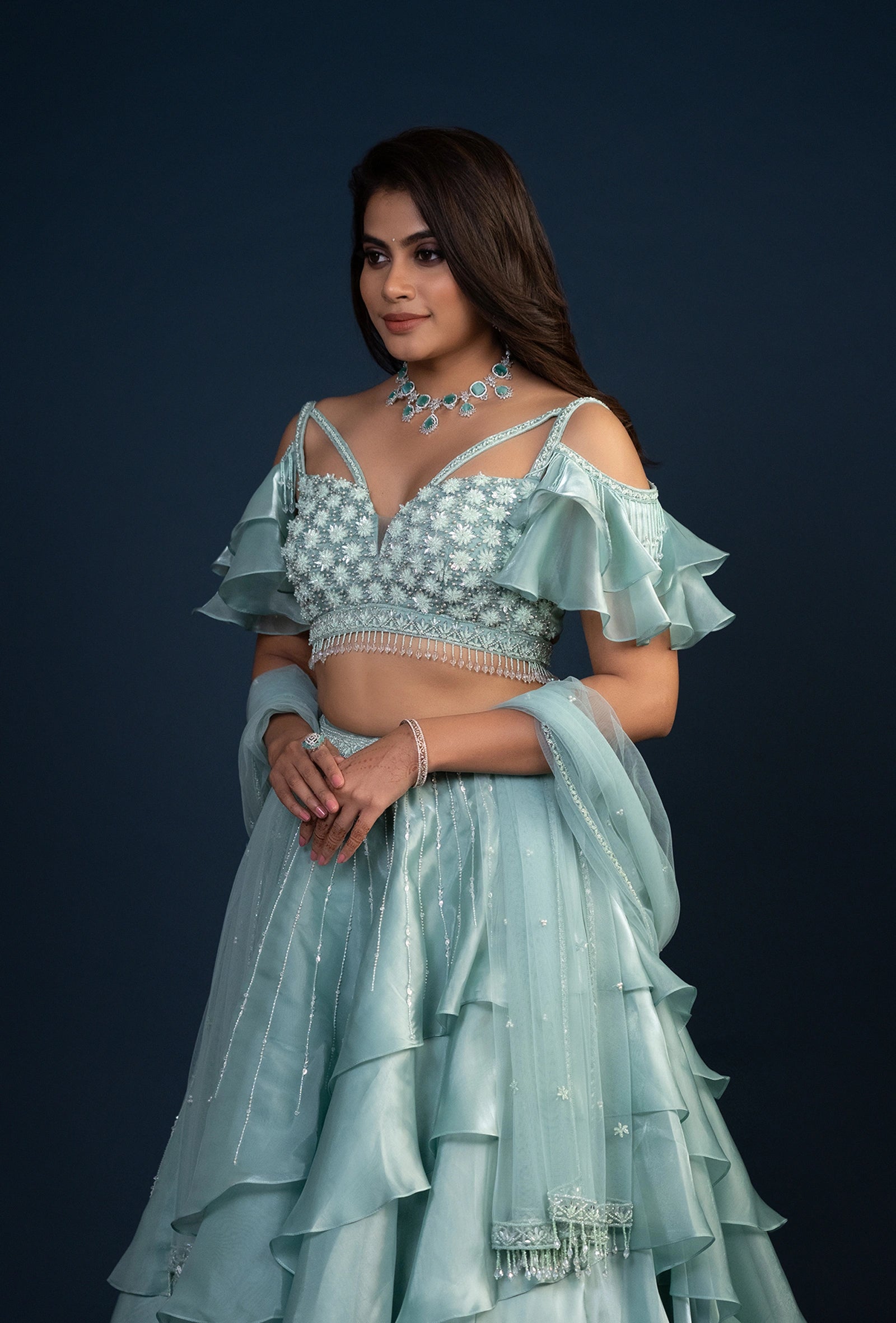 Celeste Blue Cold Shouldered Glass Tissue Lehenga Set