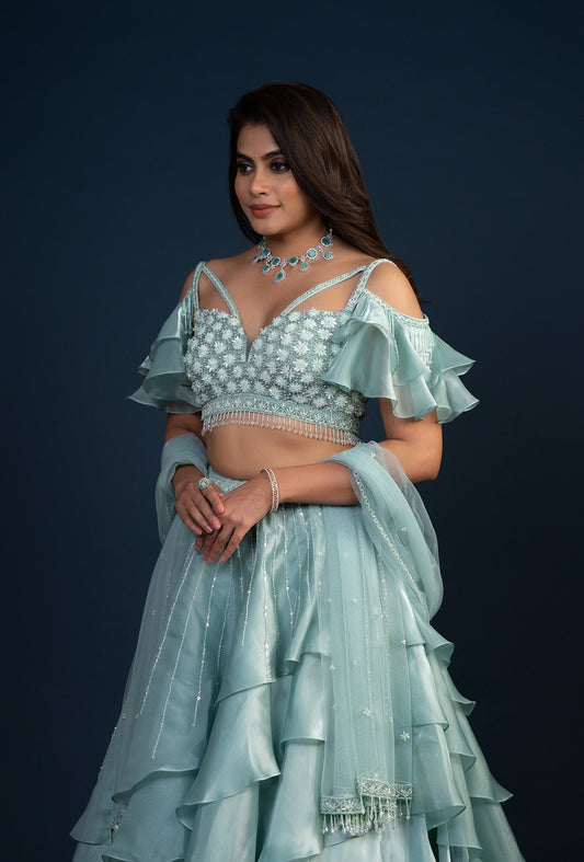 Celeste Blue Cold Shouldered Glass Tissue Lehenga Set