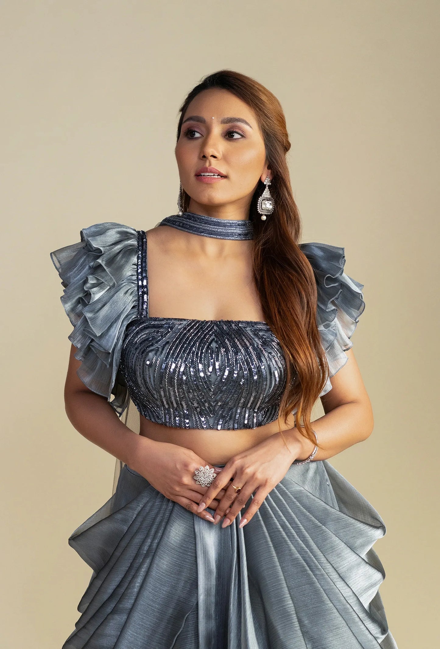 Frosted Silver Glass Organza Lehenga with Sequined Blouse Set