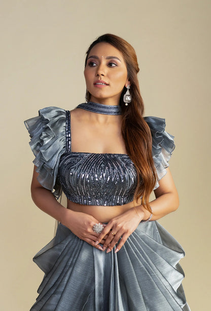 Frosted Silver Glass Organza Lehenga with Sequined Blouse Set