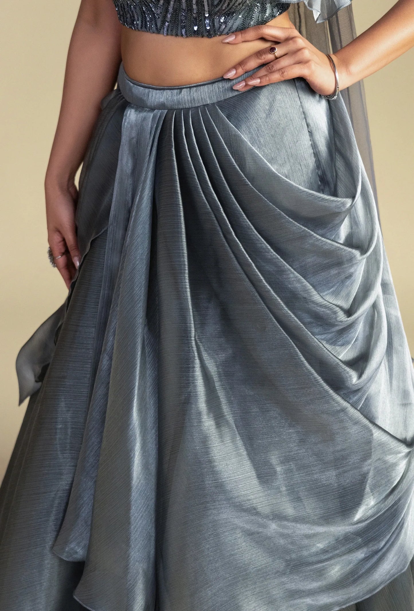 Frosted Silver Glass Organza Lehenga with Sequined Blouse Set