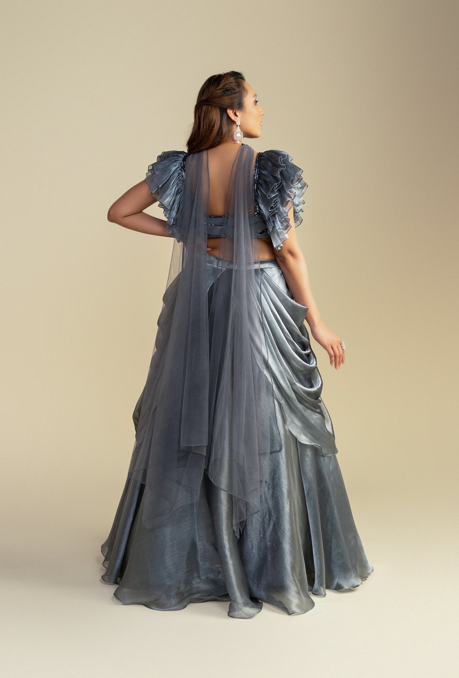 Frosted Silver Glass Organza Lehenga with Sequined Blouse Set