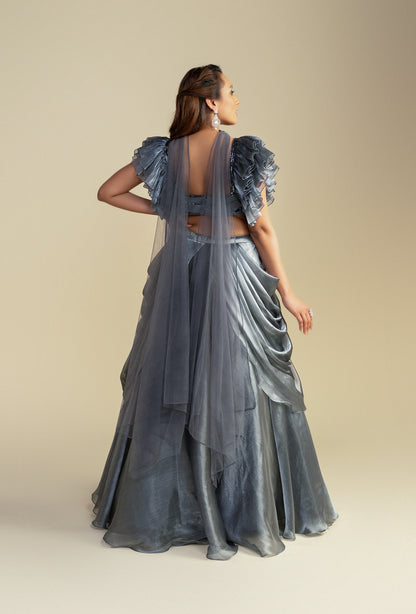 Frosted Silver Glass Organza Lehenga with Sequined Blouse Set