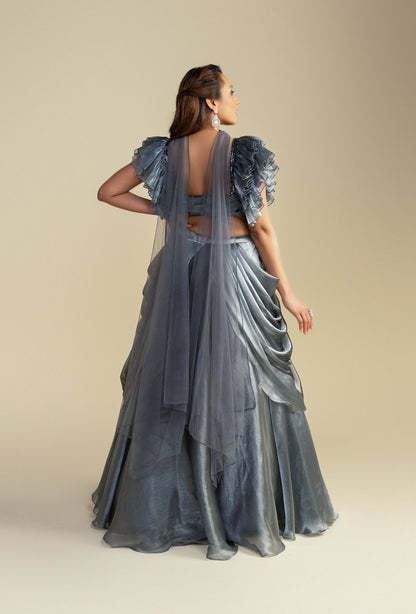 Frosted Silver Glass Organza Lehenga with Sequined Blouse Set