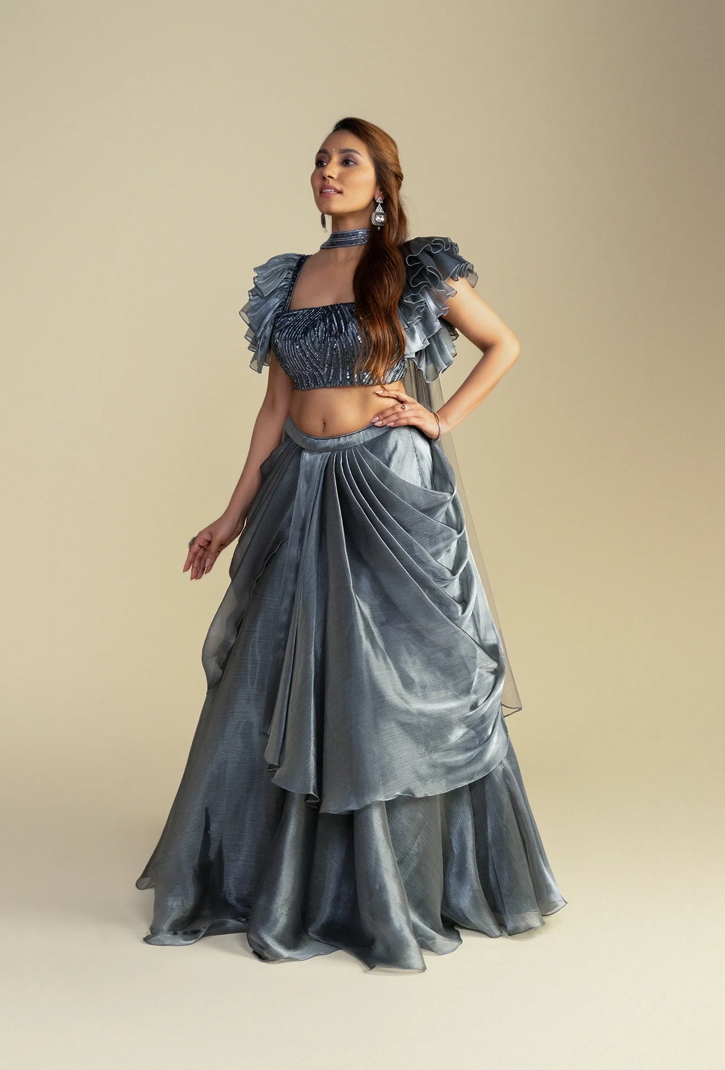 Frosted Silver Glass Organza Lehenga with Sequined Blouse Set