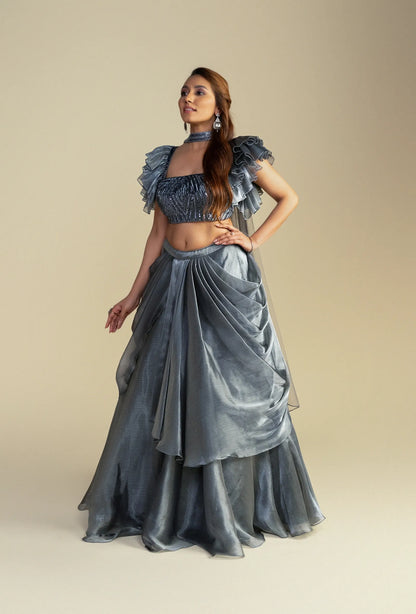 Frosted Silver Glass Organza Lehenga with Sequined Blouse Set