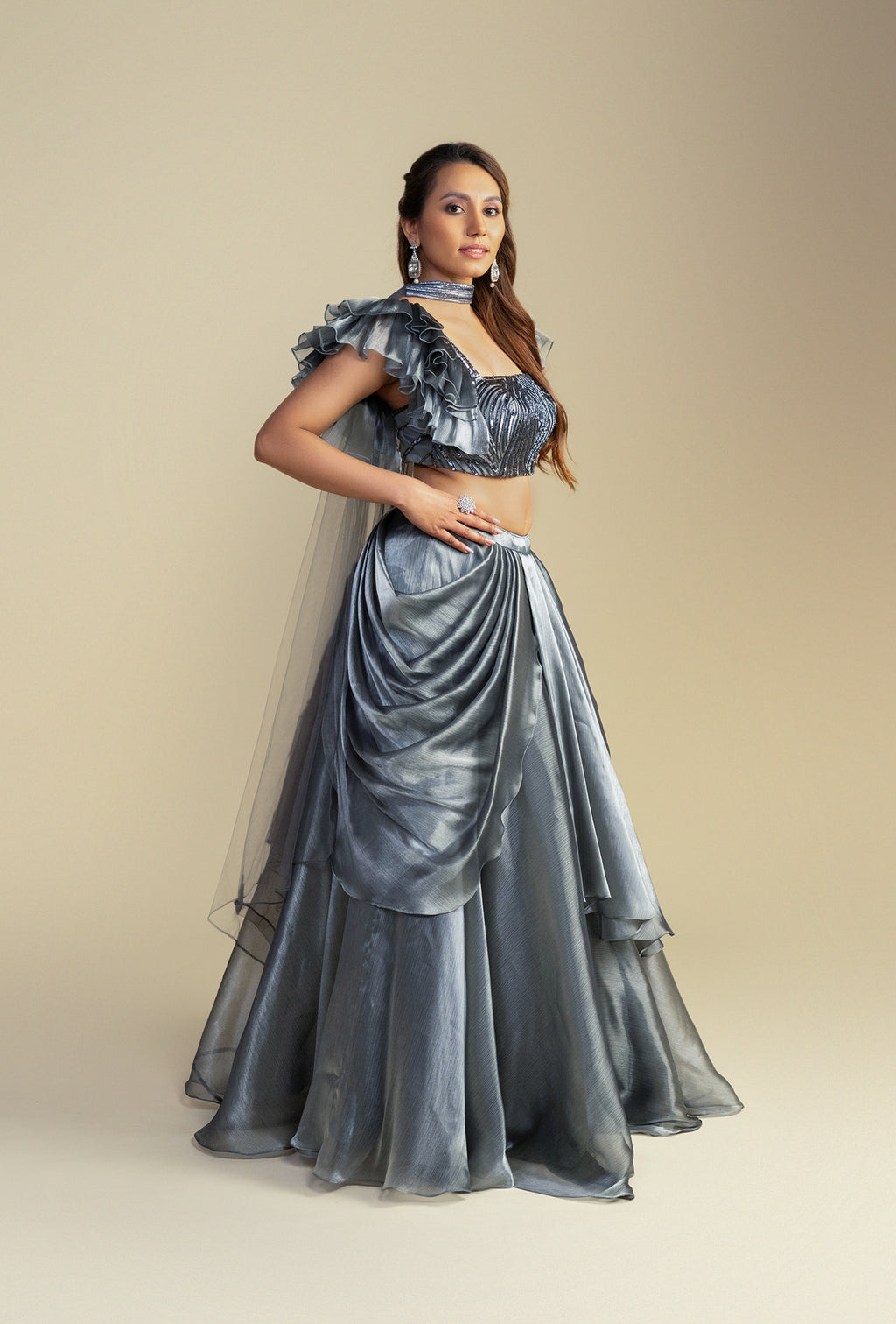 Frosted Silver Glass Organza Lehenga with Sequined Blouse Set