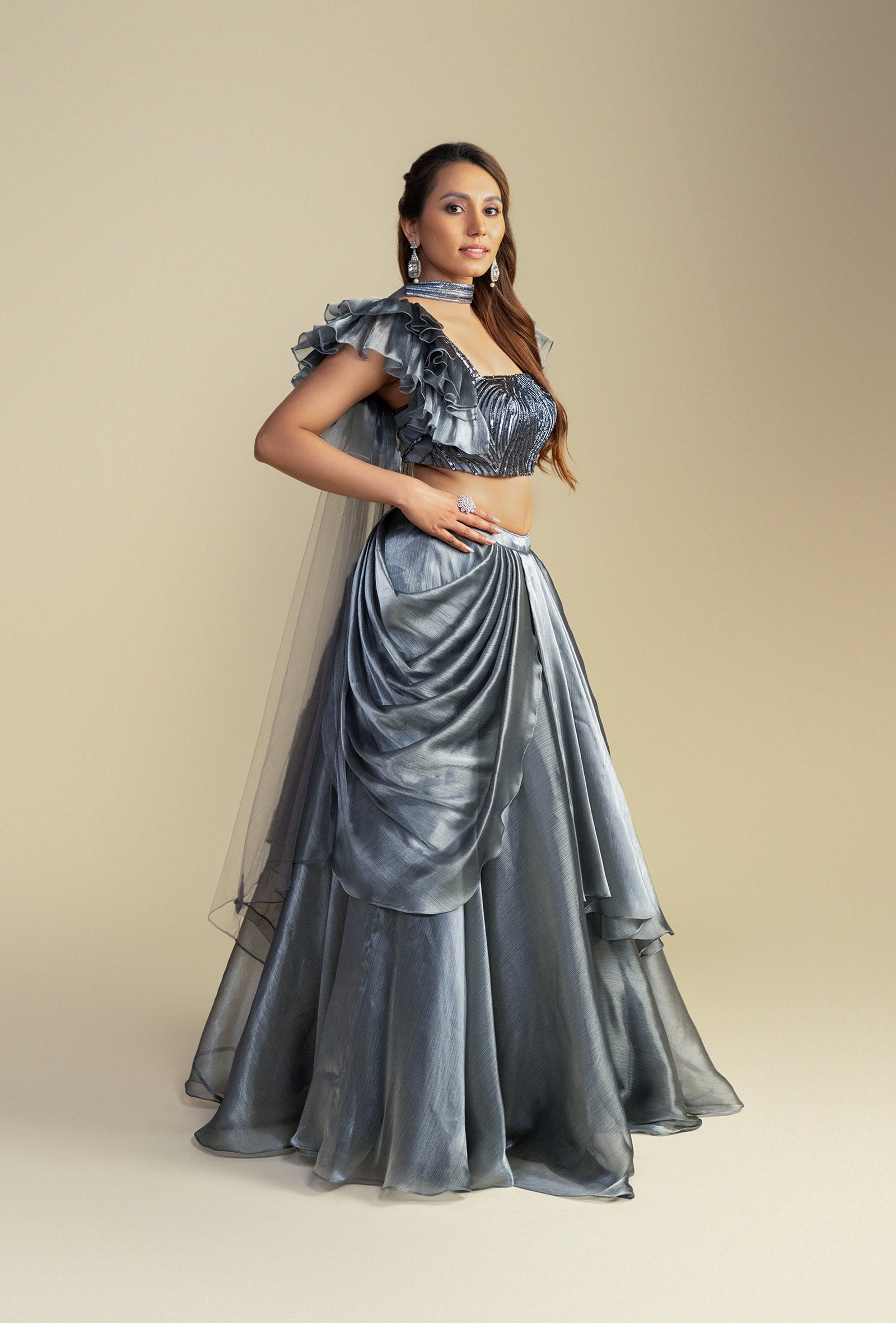 Frosted Silver Glass Organza Lehenga with Sequined Blouse Set