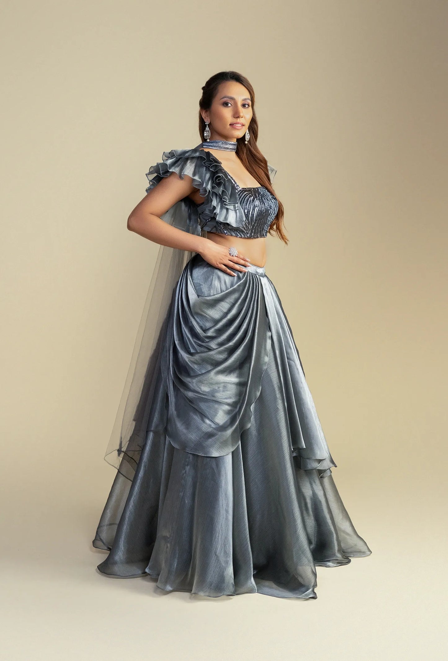 Frosted Silver Glass Organza Lehenga with Sequined Blouse Set