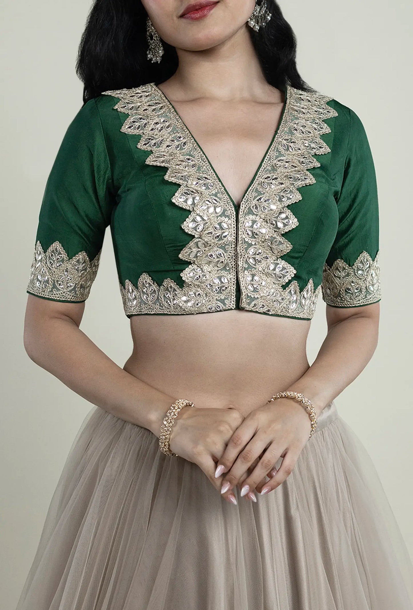 Dark Green Lace Border Blouse