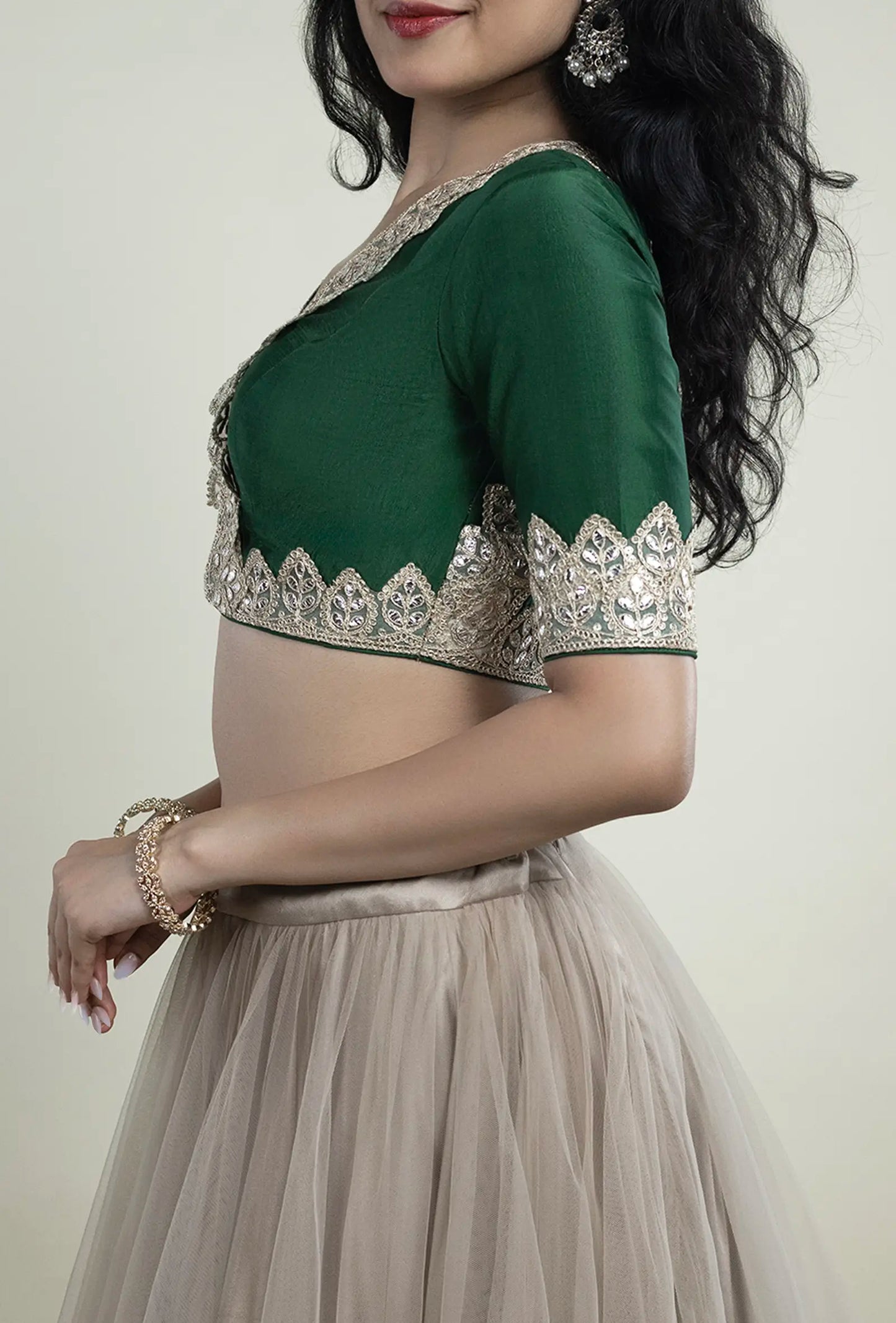 Dark Green Lace Border Blouse