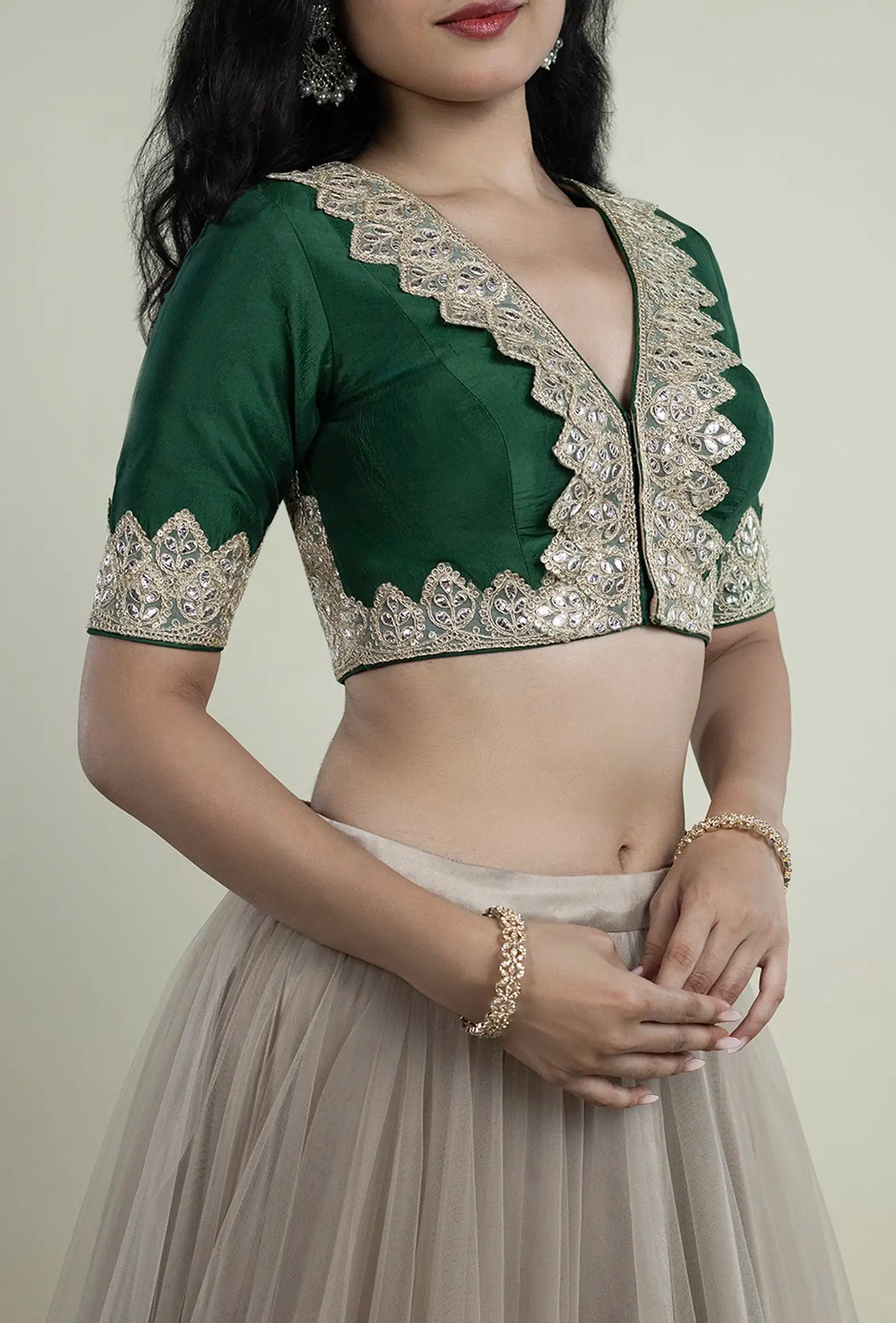 Dark Green Lace Border Blouse