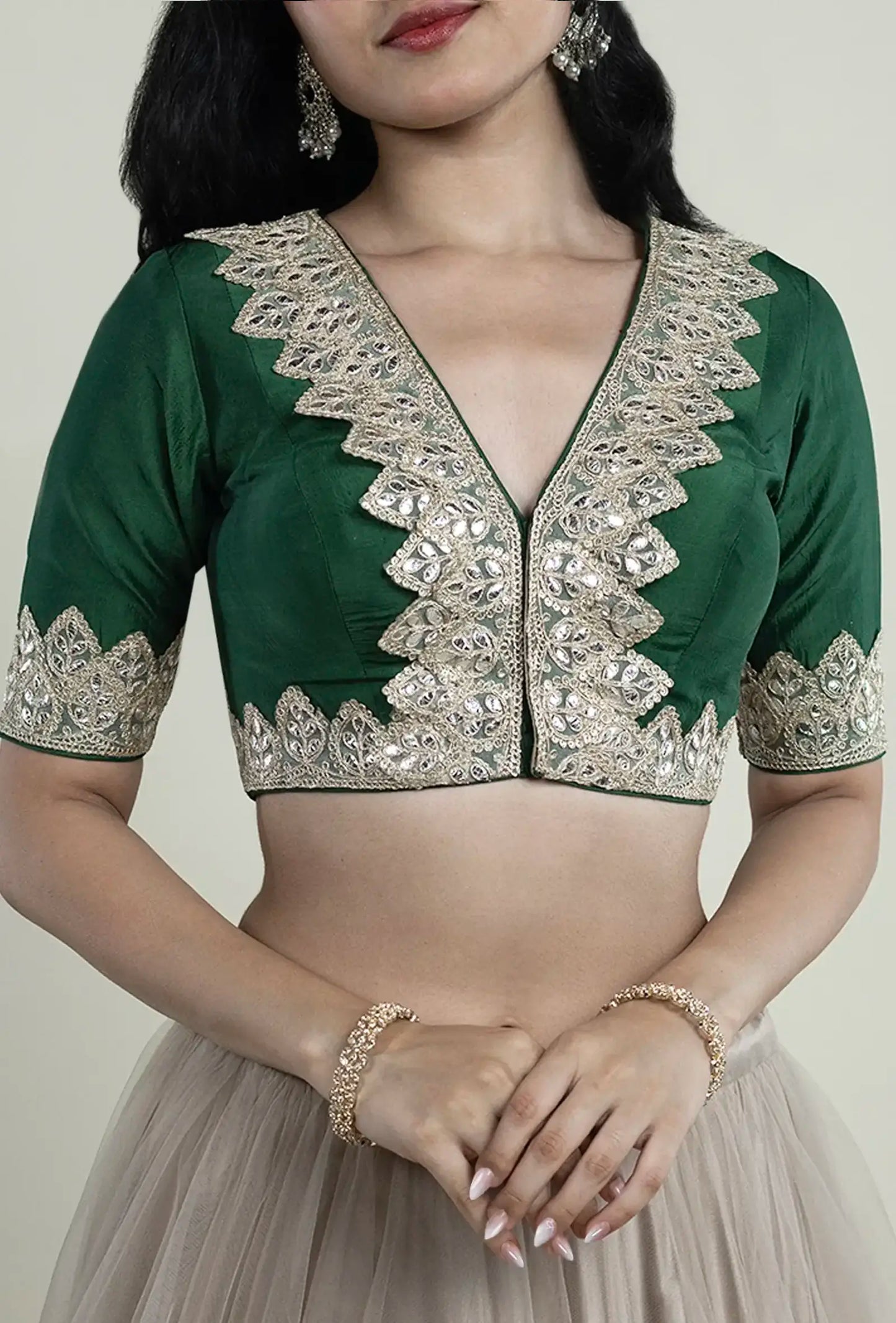 Dark Green Lace Border Blouse