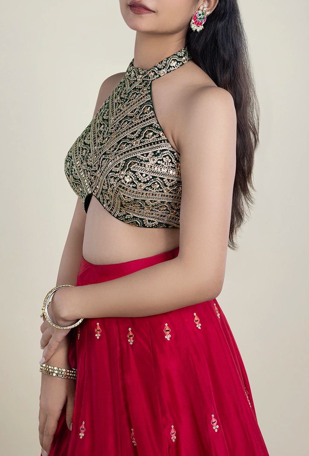 TJBL00035_1 Green Gold Sequence Blouse
