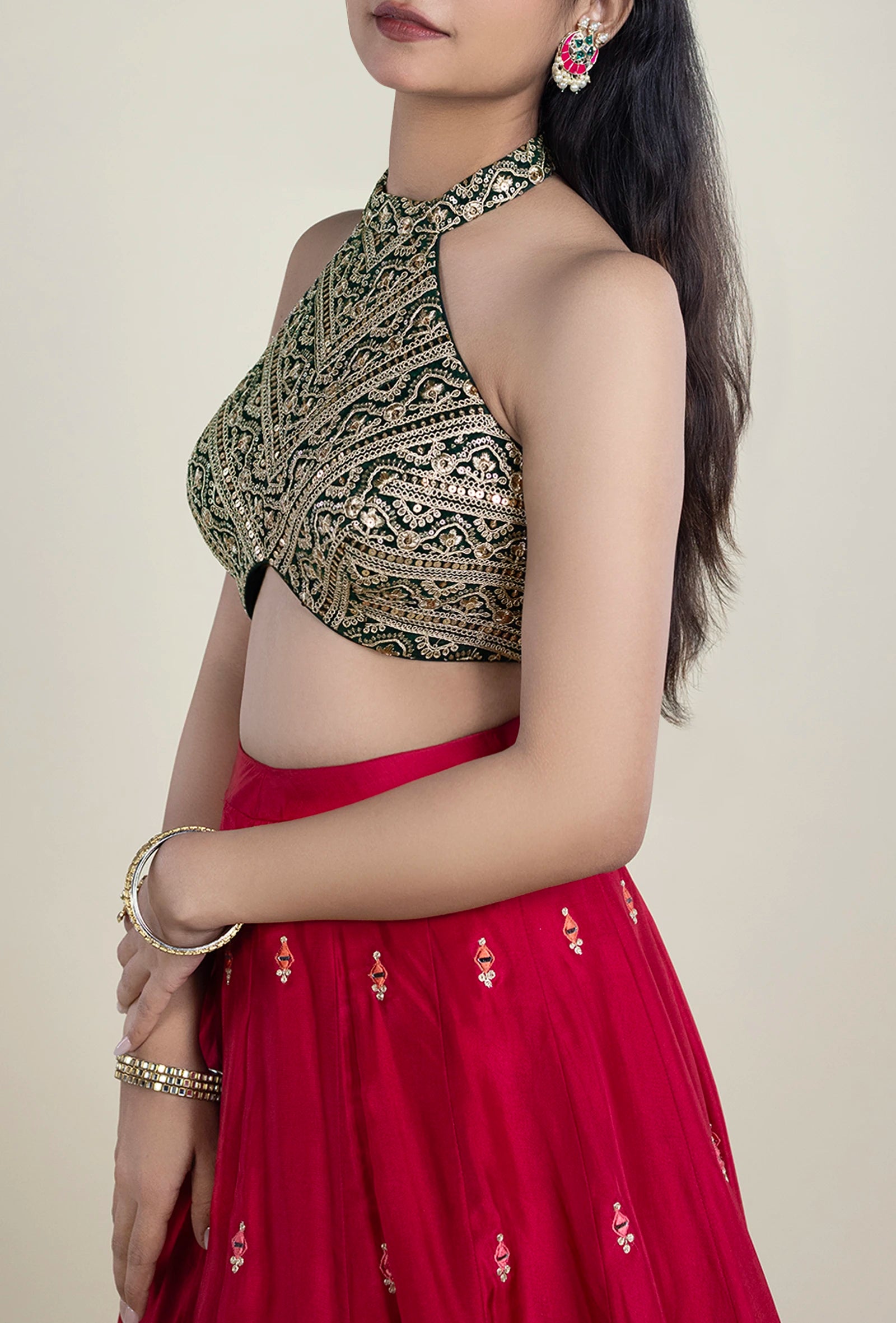 TJBL00035_1 Green Gold Sequence Blouse