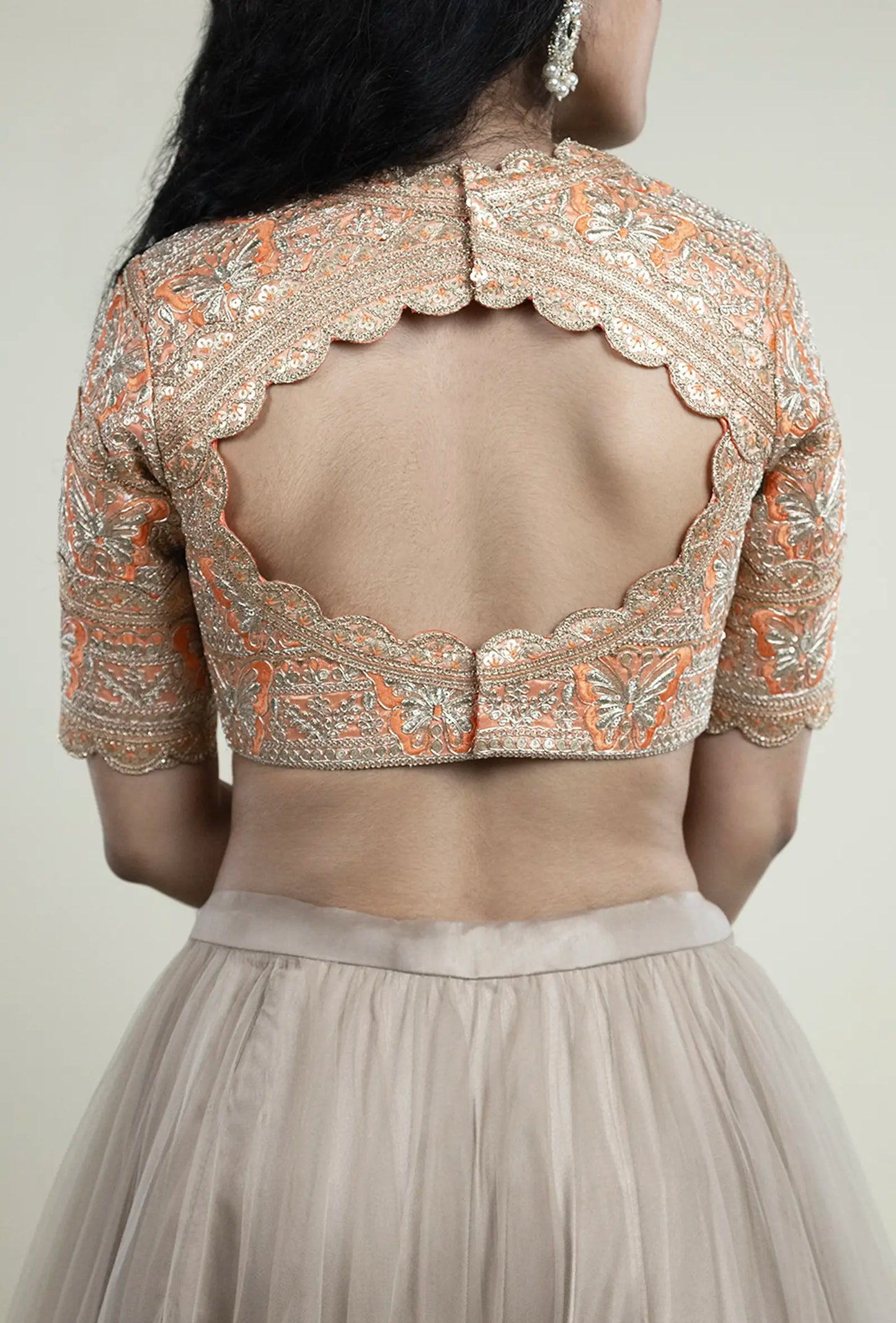 Dark Peach Gold Blouse with Zari & Sequin Butterfly Embroidery