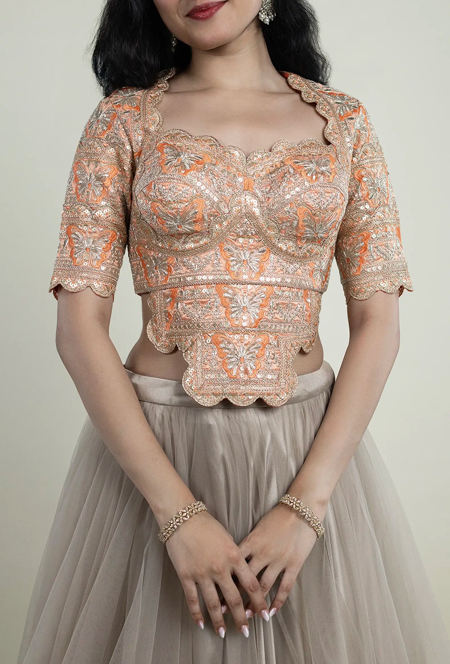 Dark Peach Gold Blouse with Zari & Sequin Butterfly Embroidery