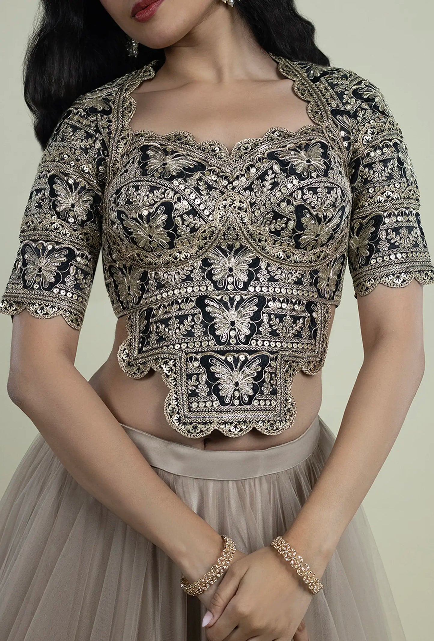 Black Gold Blouse with Zari & Sequin Butterfly Embroidery