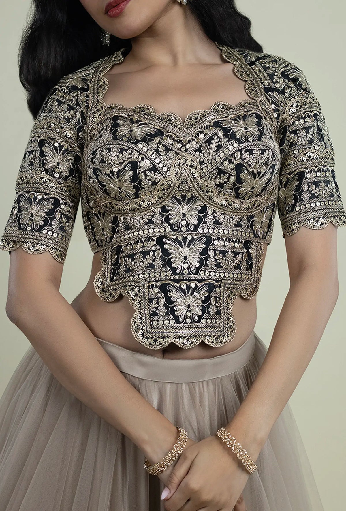 Black Gold Blouse with Zari & Sequin Butterfly Embroidery