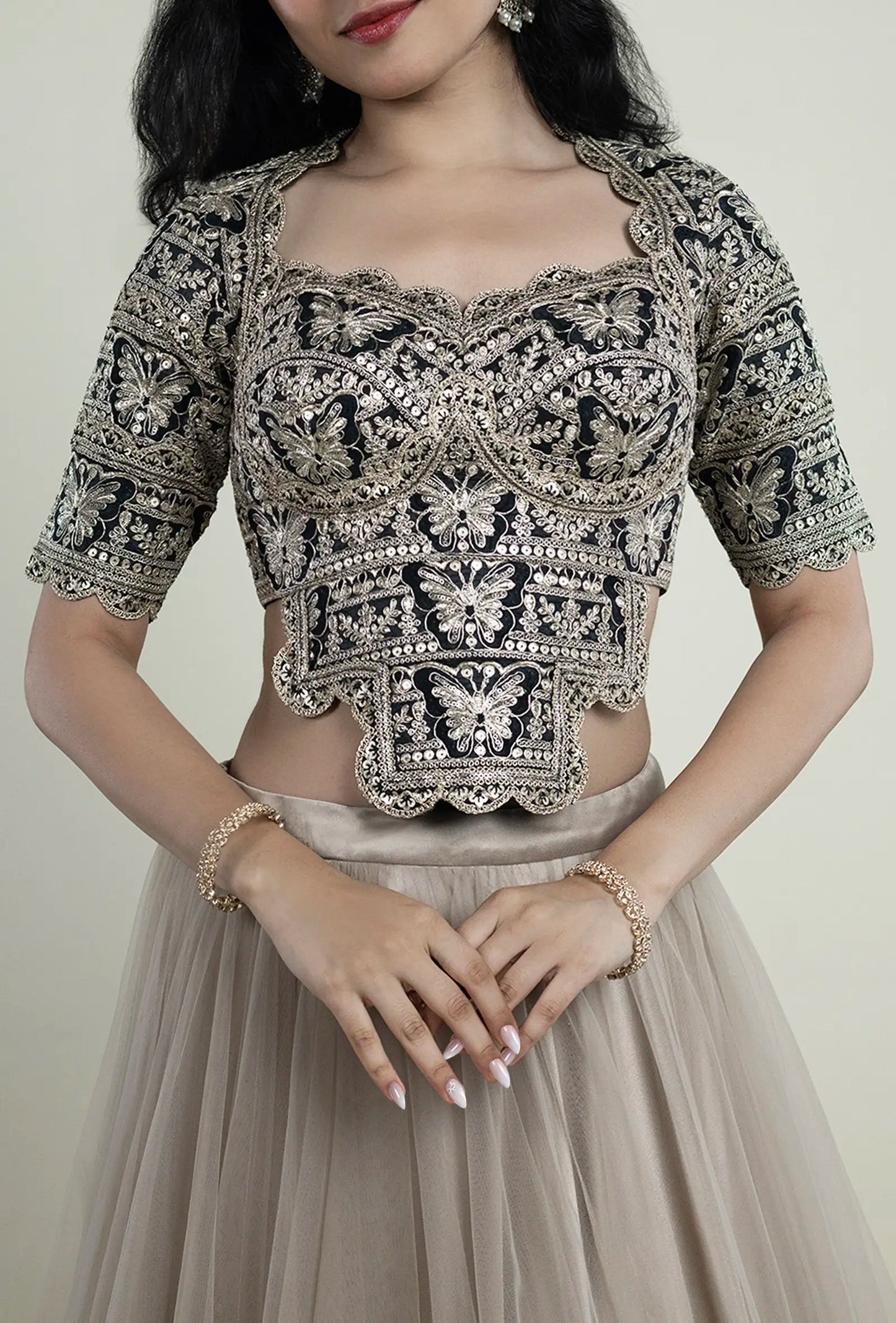 Black Gold Blouse with Zari & Sequin Butterfly Embroidery