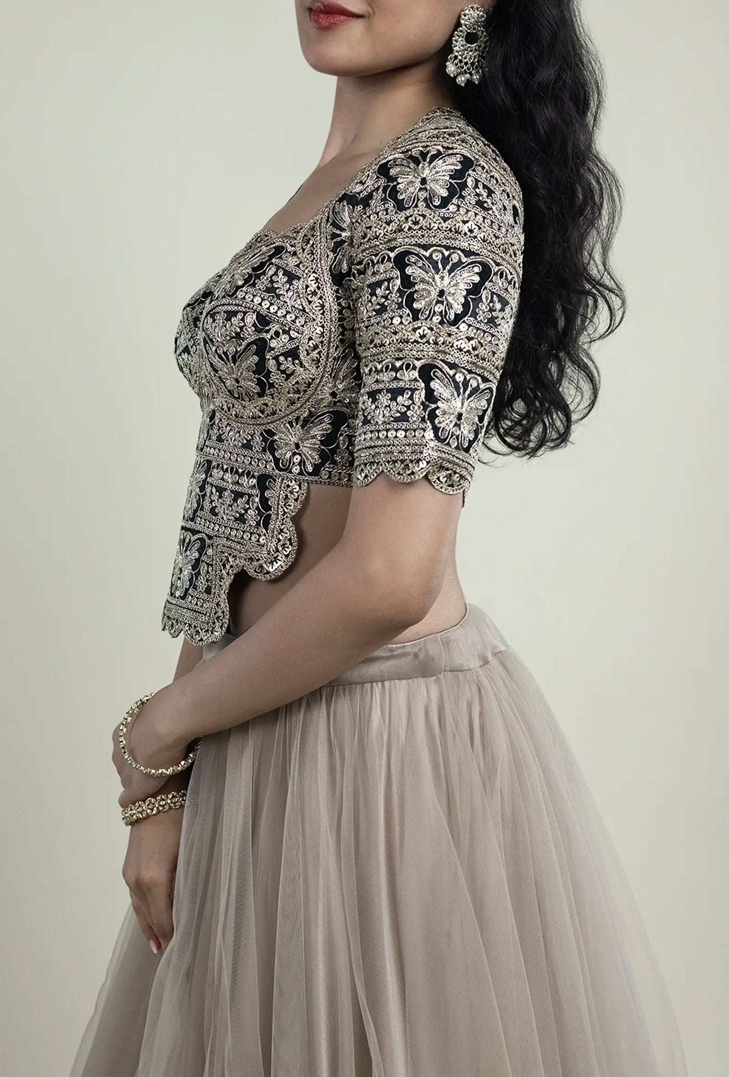 Black Gold Blouse with Zari & Sequin Butterfly Embroidery