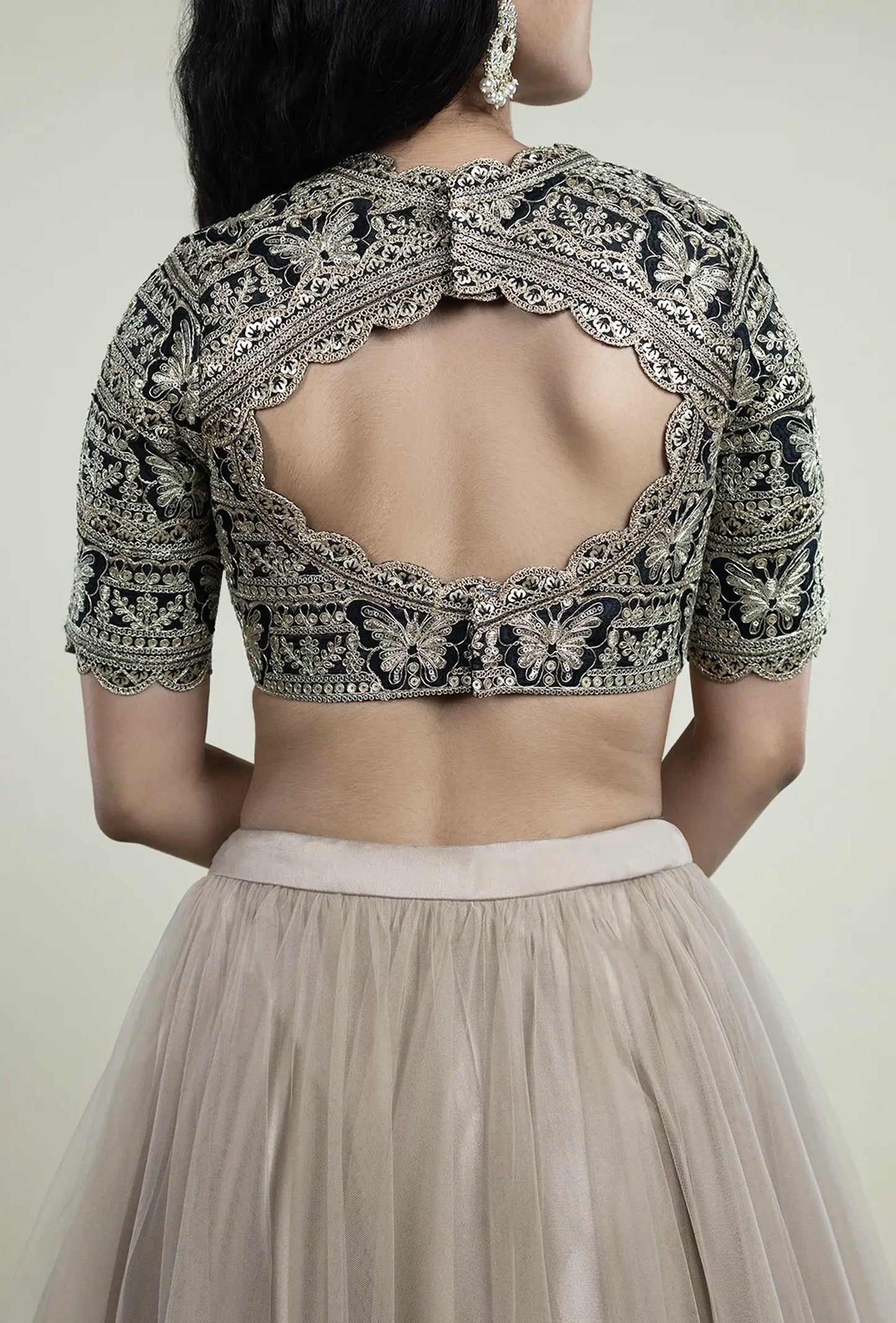 Black Gold Blouse with Zari & Sequin Butterfly Embroidery