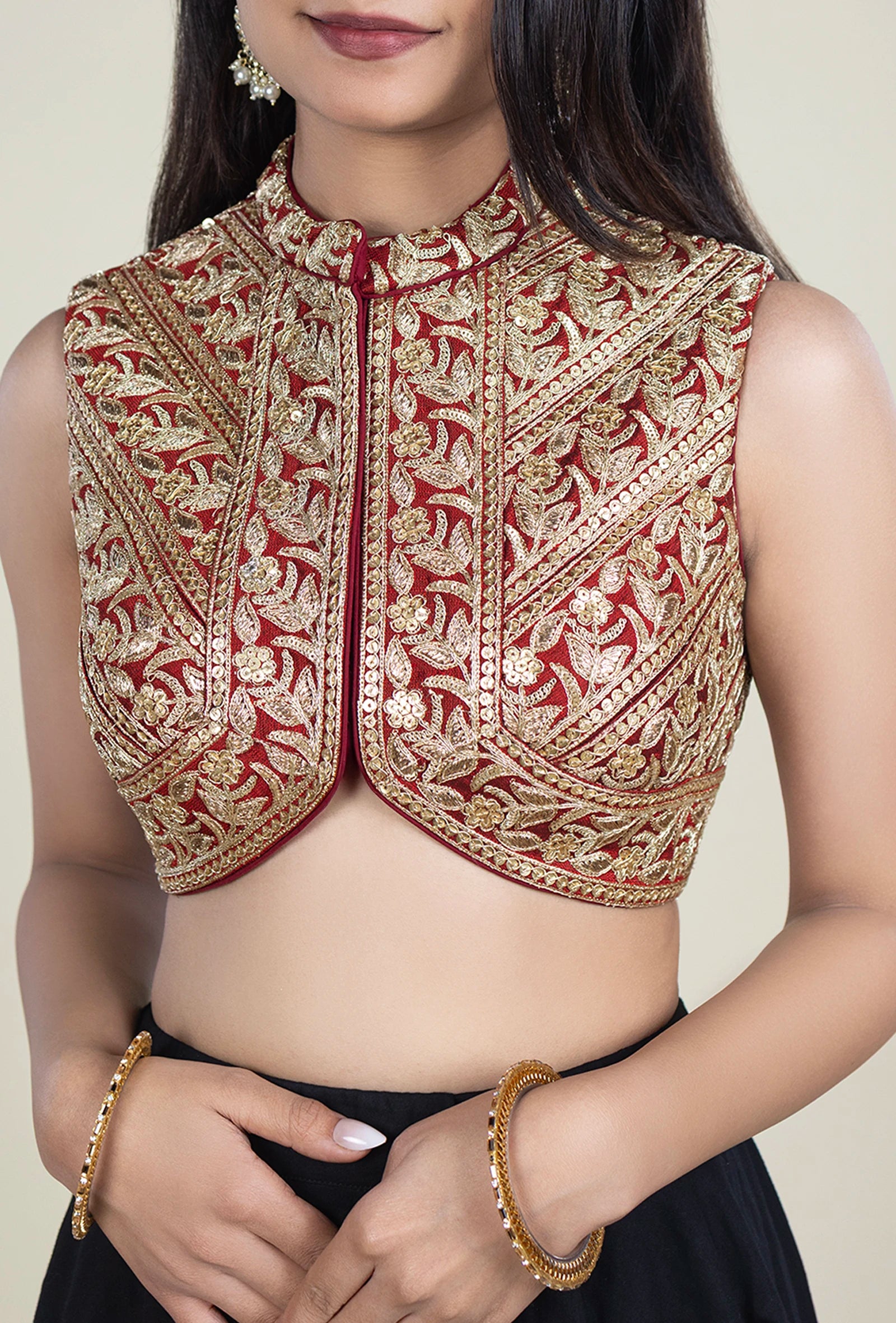 TJBL00051_1 Maroon-Gold Designer Blouse