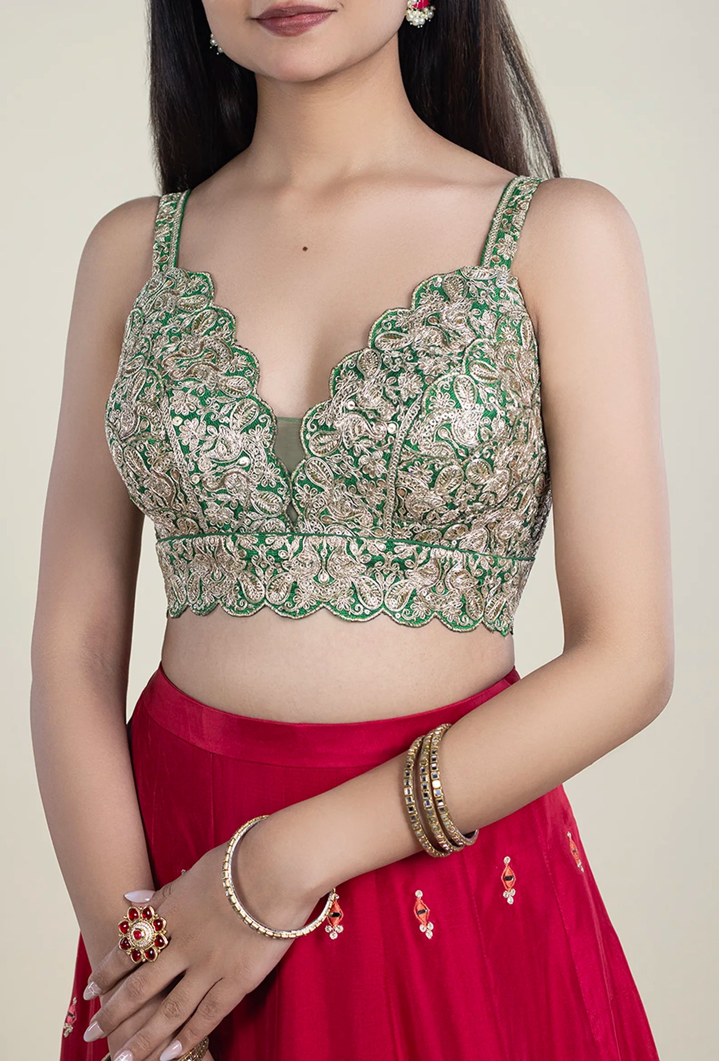TJBL00059_1 Green-Embroidery Blouse