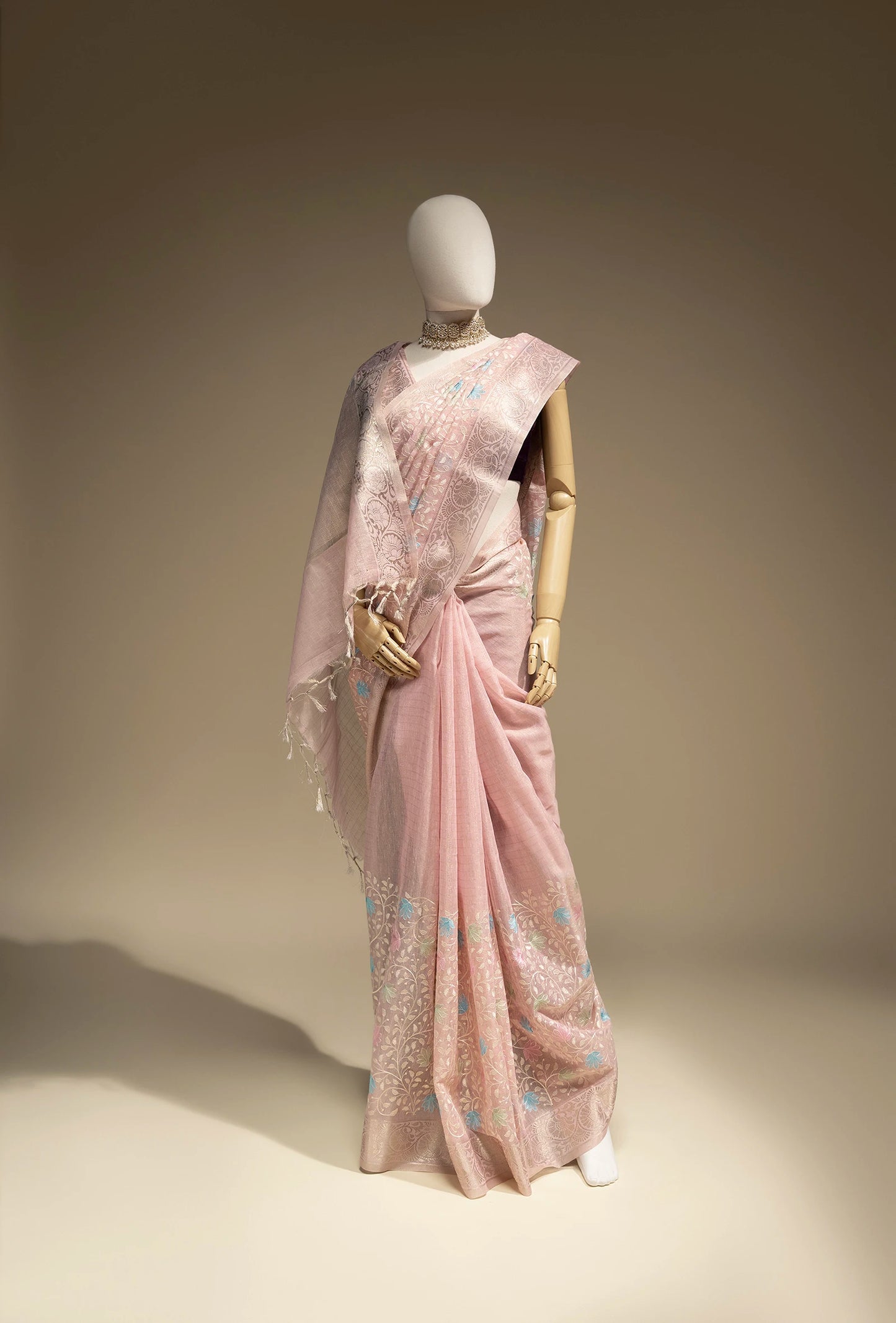 Khadi Georgette Saree In Light Pink Color With Meenakari Florals