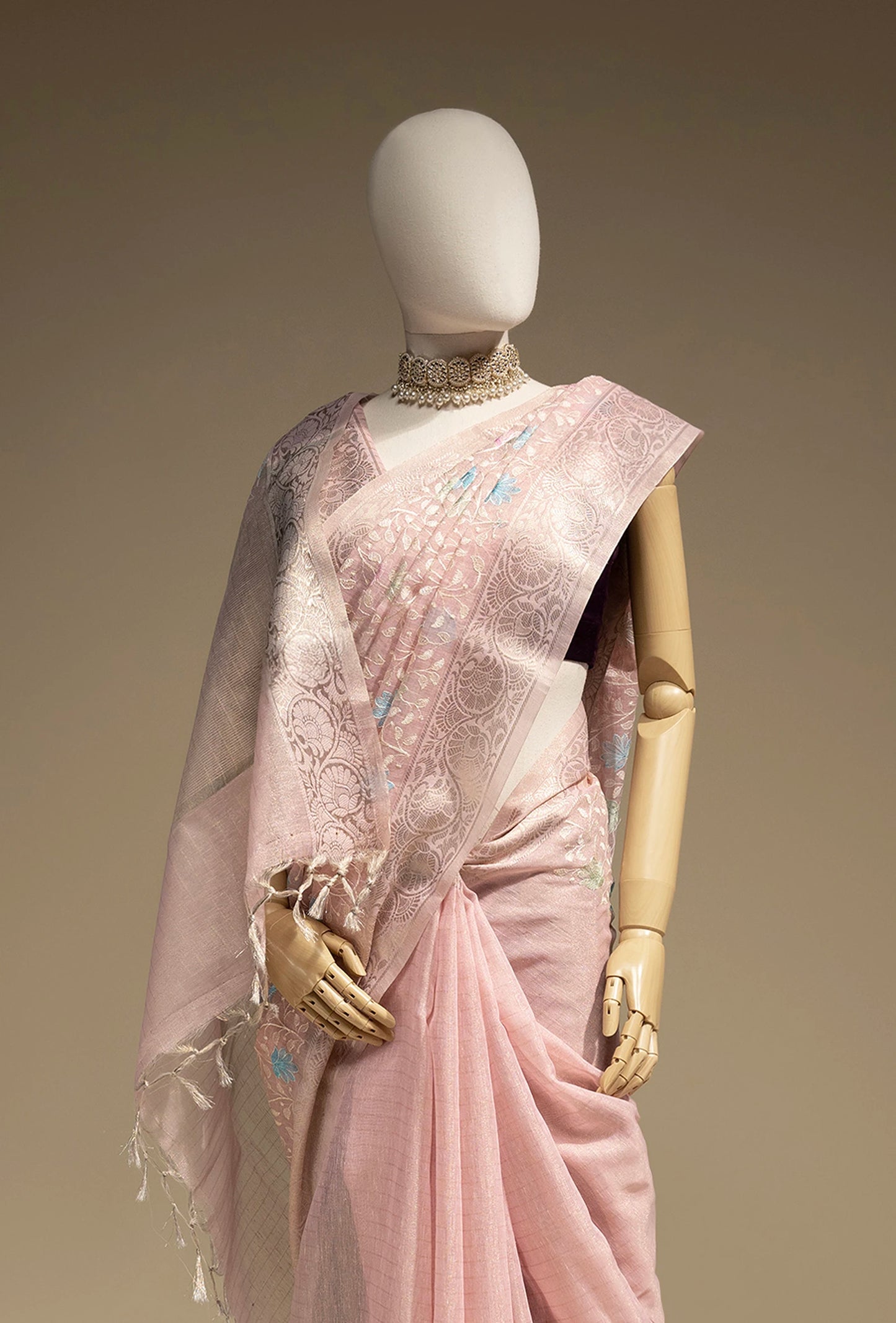 Khadi Georgette Saree In Light Pink Color With Meenakari Florals