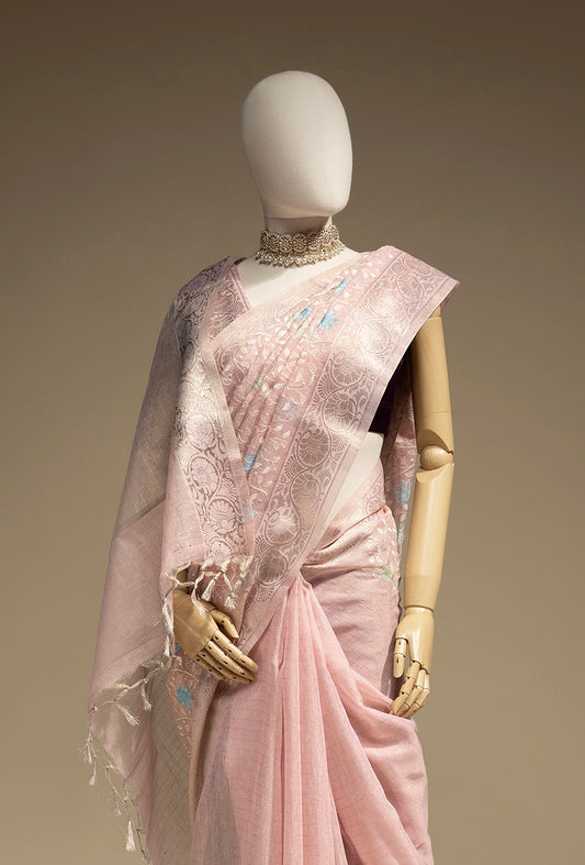 Khadi Georgette Saree In Light Pink Color With Meenakari Florals