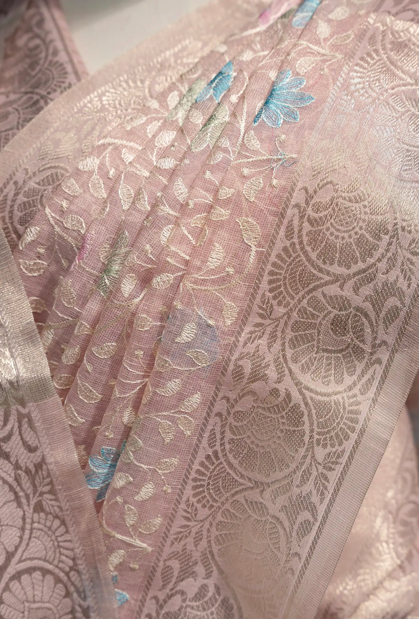 Khadi Georgette Saree In Light Pink Color With Meenakari Florals
