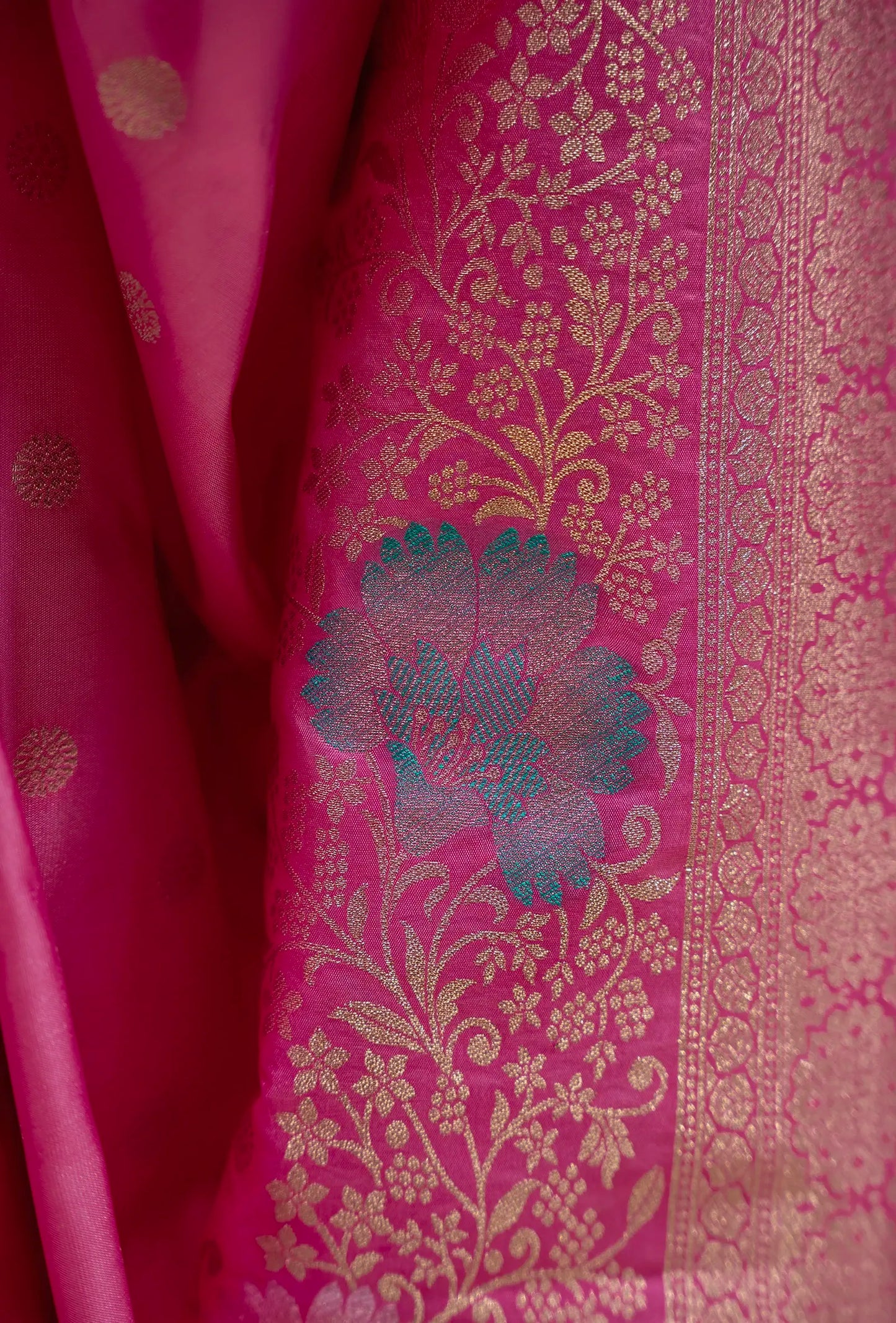 Katan Silk Saree In Magenta Pink With Traditional Weave