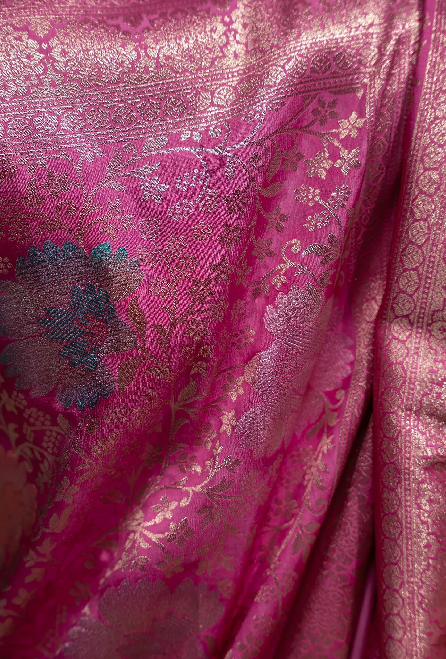 Katan Silk Saree In Magenta Pink With Traditional Weave
