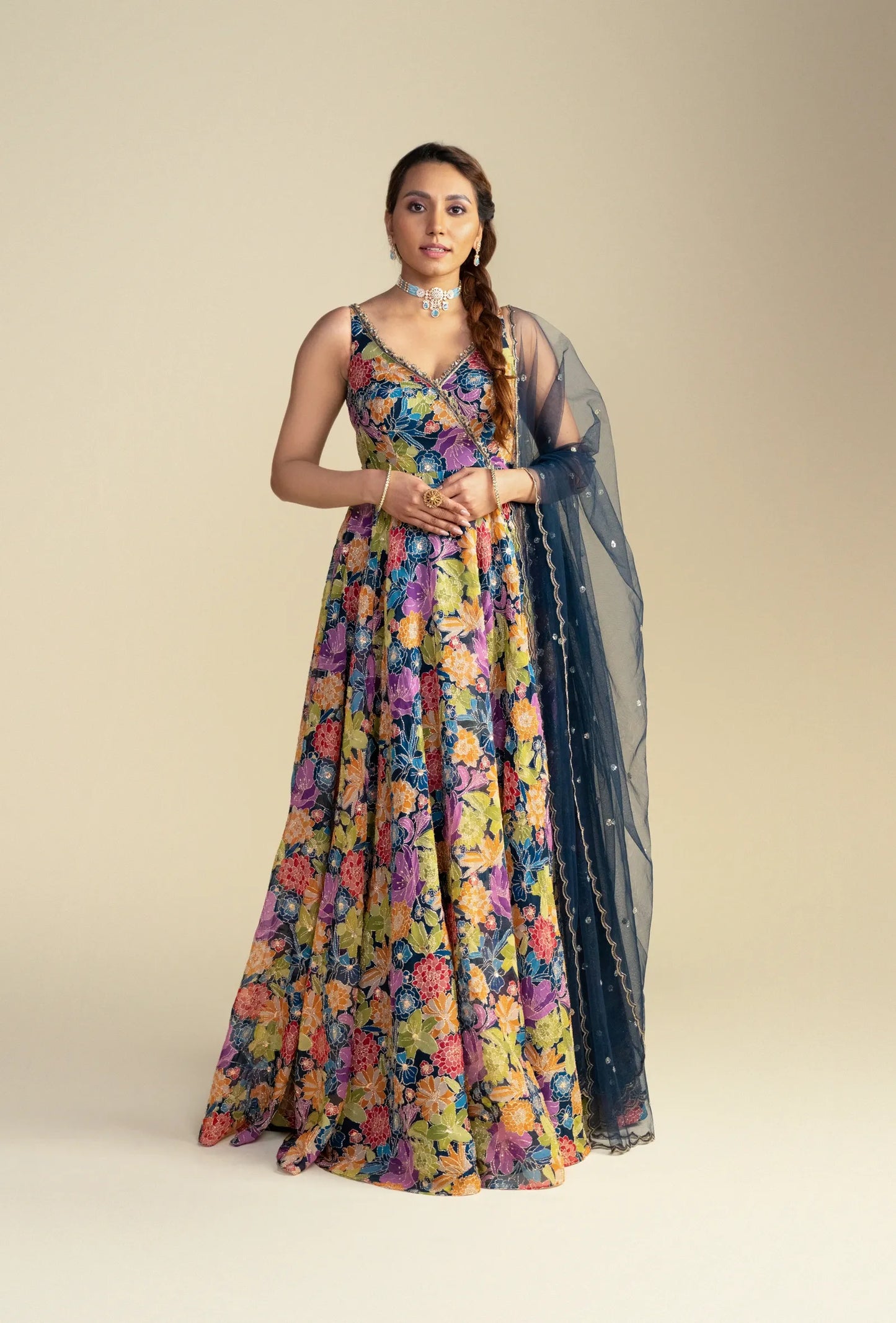 Navy Blue Floral V-Neck Anarkali