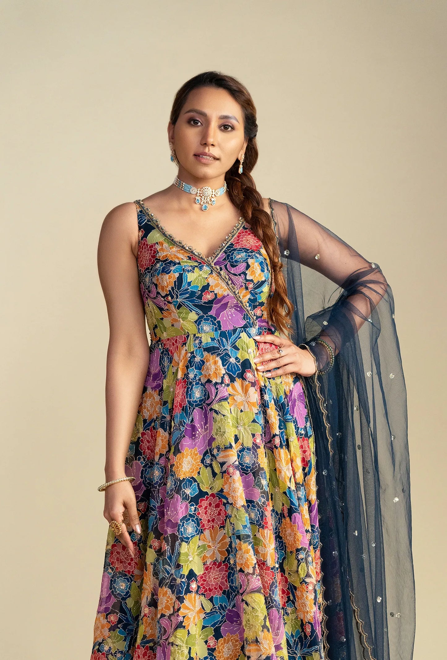 Navy Blue Floral V-Neck Anarkali