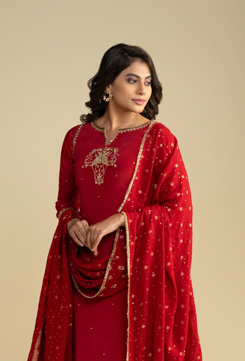 Red Kurta & Dhoti Set With Nakshi Zardozi