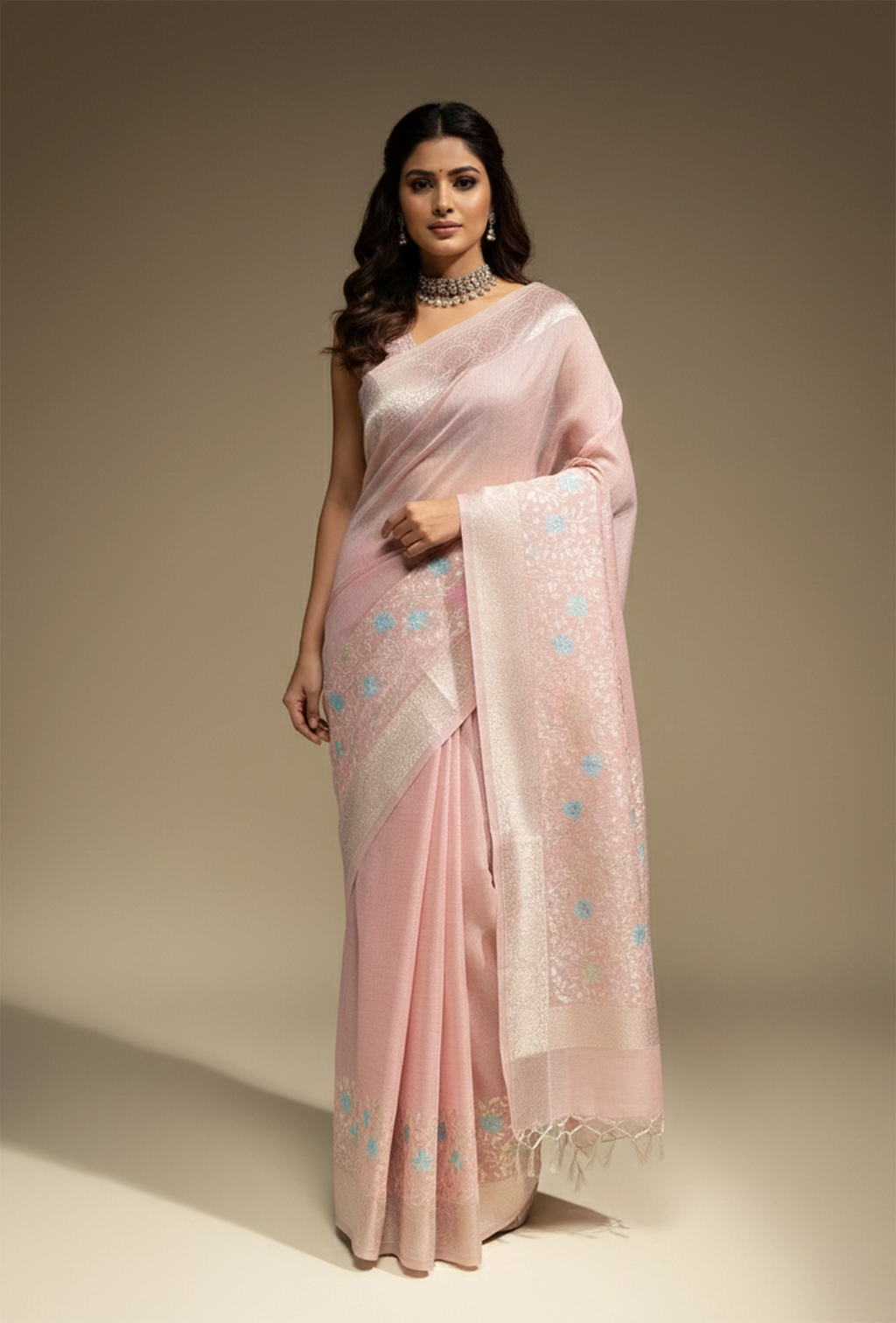 Khadi Georgette Saree In Light Pink Color With Meenakari Florals