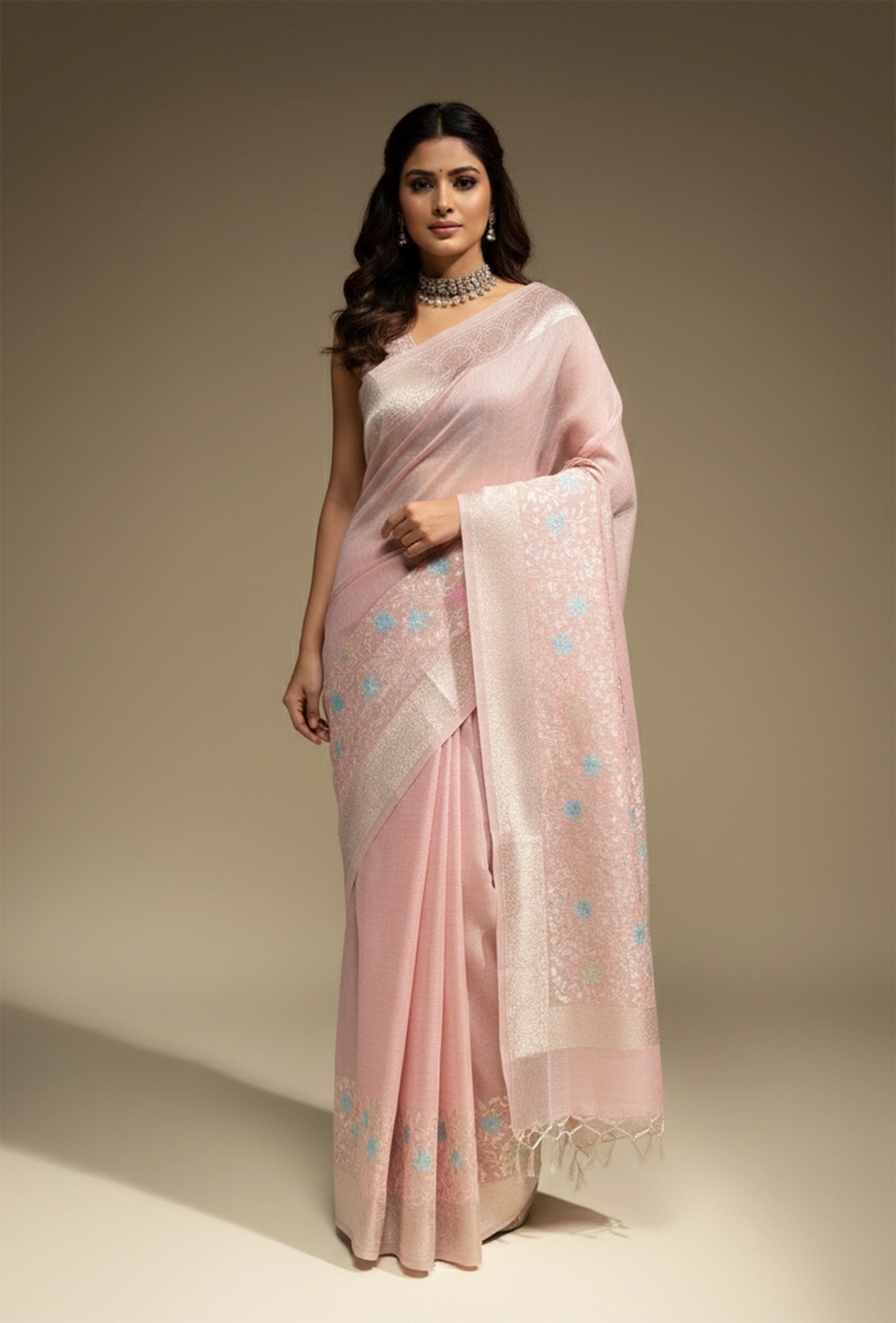 Khadi Georgette Saree In Light Pink Color With Meenakari Florals