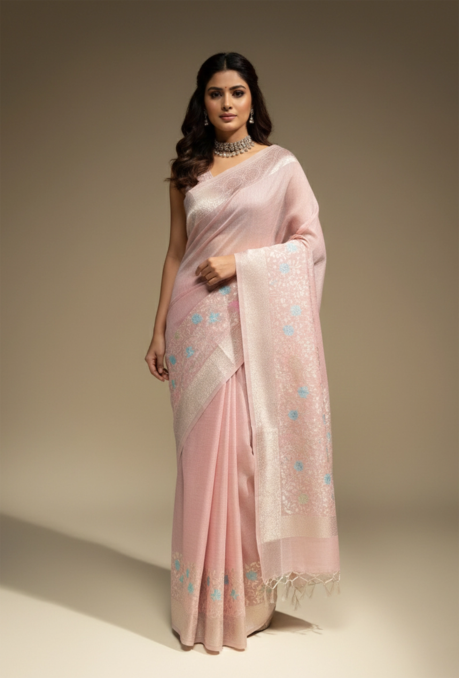 Khadi Georgette Saree In Light Pink Color With Meenakari Florals
