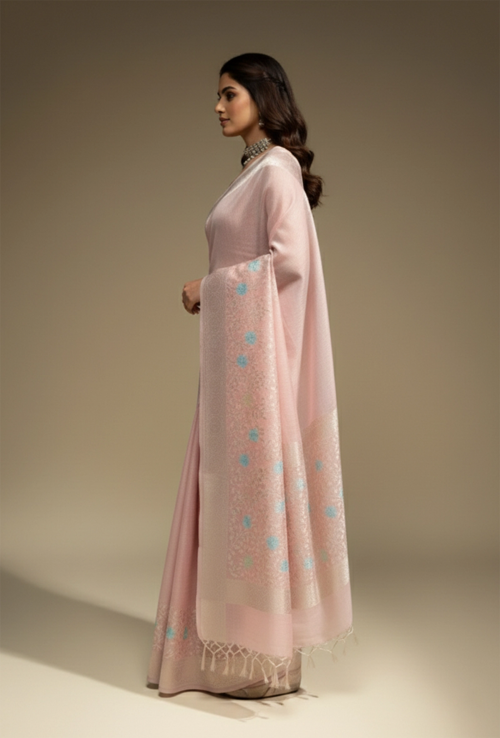 Khadi Georgette Saree In Light Pink Color With Meenakari Florals
