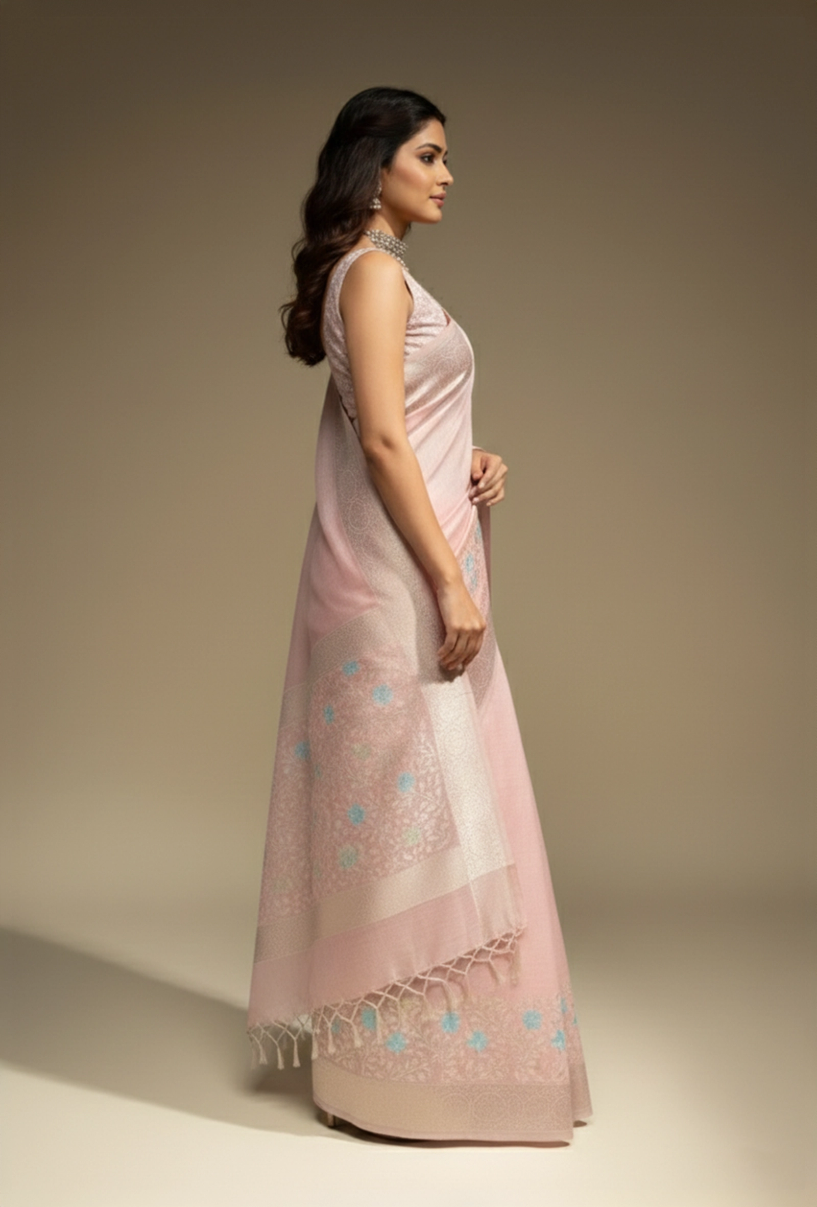Khadi Georgette Saree In Light Pink Color With Meenakari Florals