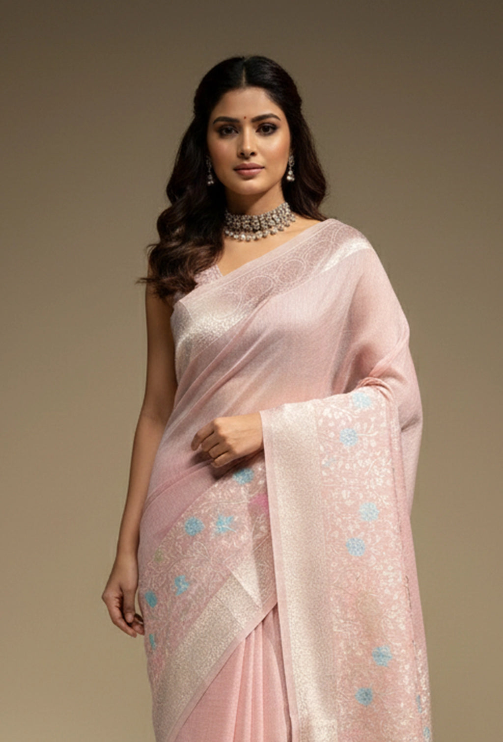 Khadi Georgette Saree In Light Pink Color With Meenakari Florals