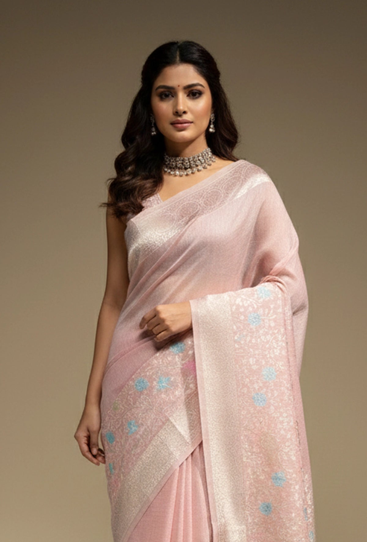 Khadi Georgette Saree In Light Pink Color With Meenakari Florals