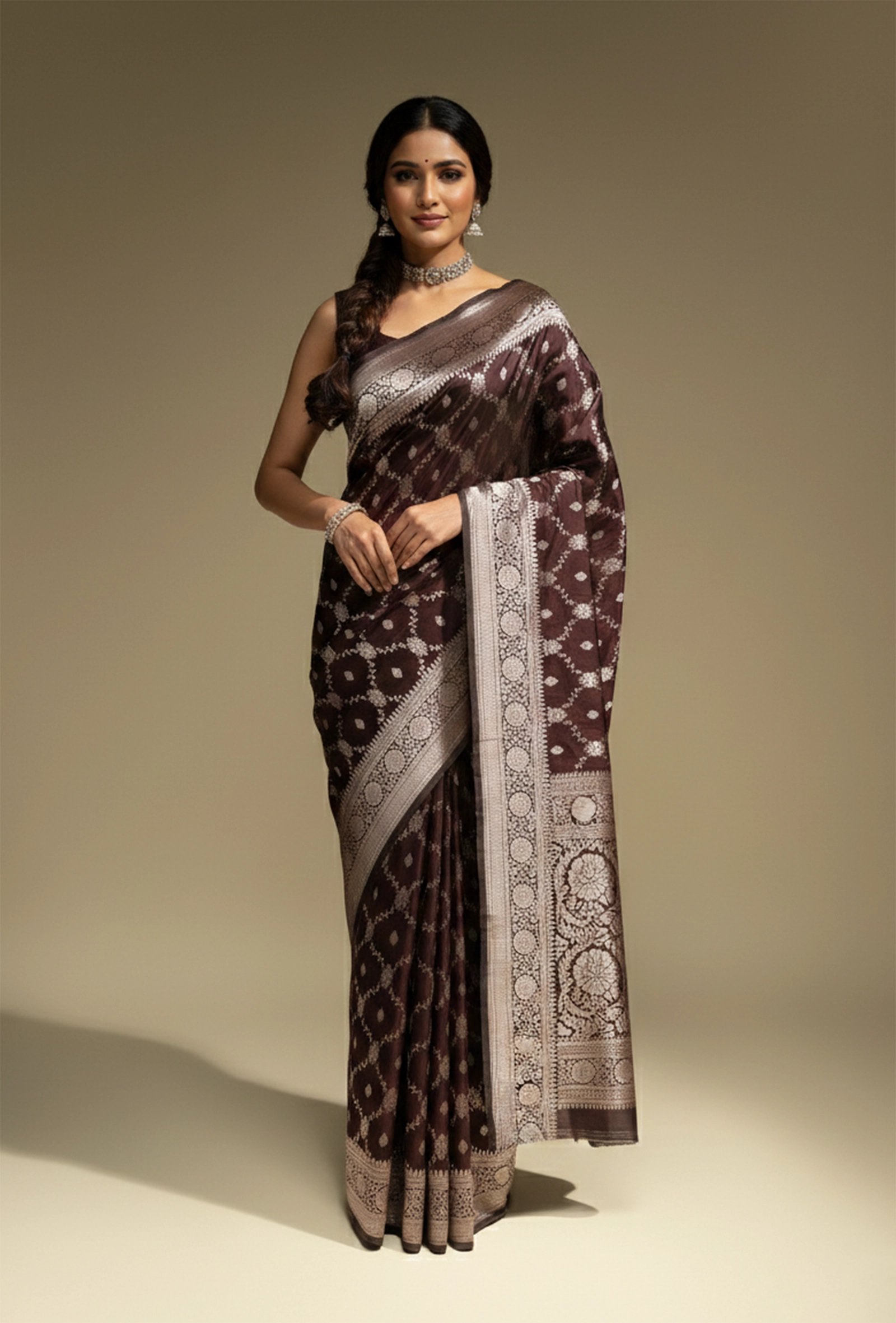 Pure Mashru Silk Saree In Deep Brown With Jaal Work