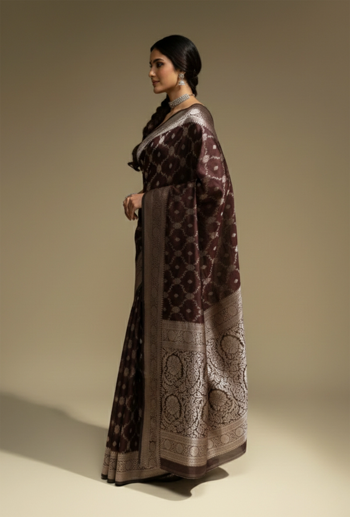 Pure Mashru Silk Saree In Deep Brown With Jaal Work